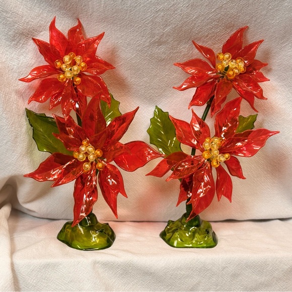 Vintage 60's Lucite Christmas Poinsettias Pair Red Green Glows C.K. Industries - Picture 3 of 12